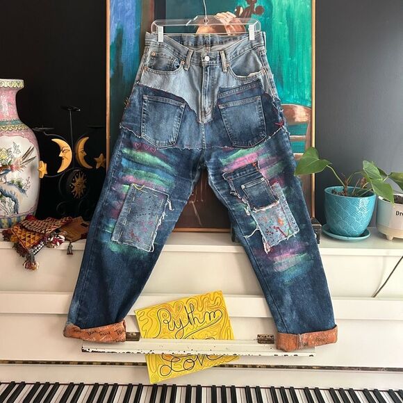 Upcycled Frayed Patchwork Jeans 33" Waist Handmade Streetwear Pants Painted - Picture 2 of 16